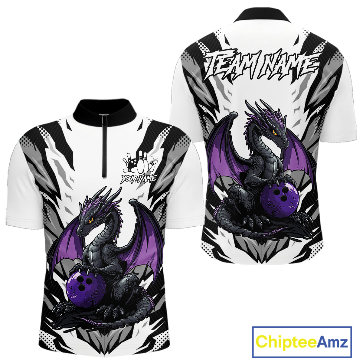 Black and White Bowling Polo, Quarter Zip Shirts For Men Custom Purple Dragon Bowling Team Jerseys NQS11740