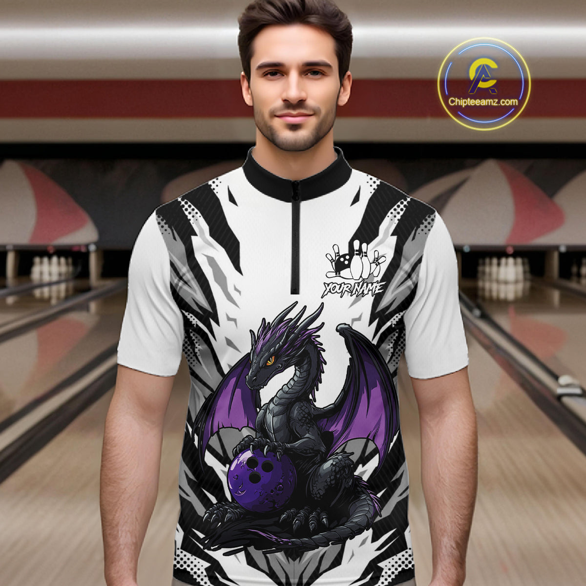 Black and White Bowling Polo, Quarter Zip Shirts For Men Custom Purple Dragon Bowling Team Jerseys NQS11740