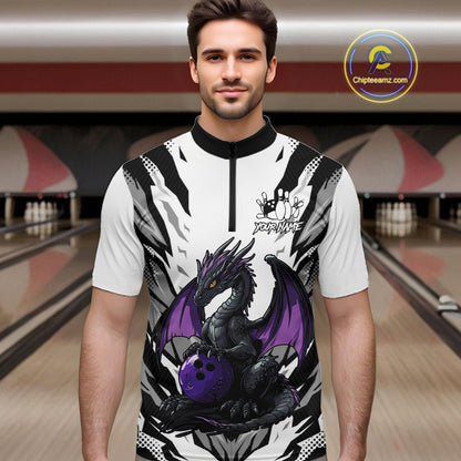 Black and White Bowling Polo, Quarter Zip Shirts For Men Custom Purple Dragon Bowling Team Jerseys NQS11740