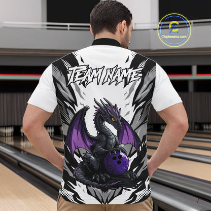 Black and White Bowling Polo, Quarter Zip Shirts For Men Custom Purple Dragon Bowling Team Jerseys NQS11740