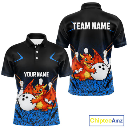 Black and Blue Camo Funny Dragon Bowling Polo, 1/4 Zip Shirts For Men Custom Bowling Team Jerseys NQS11741