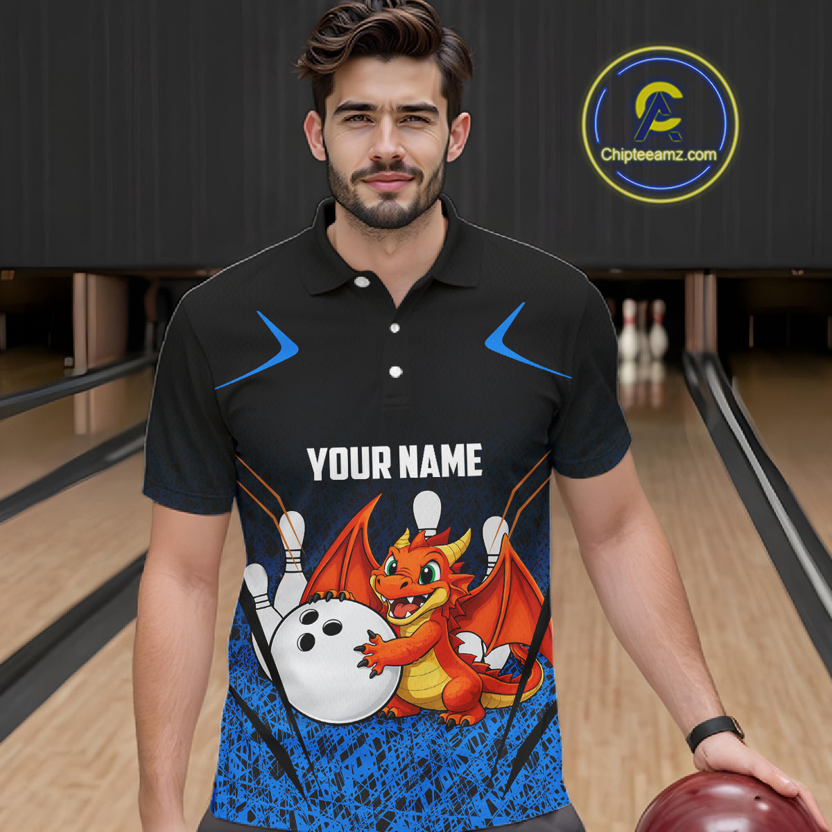 Black and Blue Camo Funny Dragon Bowling Polo, 1/4 Zip Shirts For Men Custom Bowling Team Jerseys NQS11741