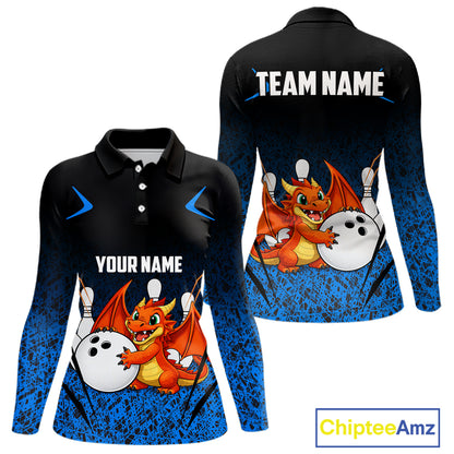 Black and Blue Camo Funny Dragon Bowling Polo, 1/4 Zip Shirts For Women Custom Bowling Team Jerseys NQS11741