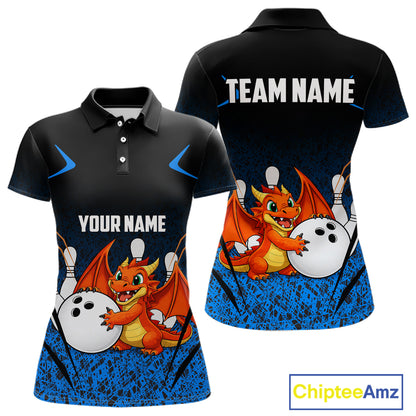 Black and Blue Camo Funny Dragon Bowling Polo, 1/4 Zip Shirts For Women Custom Bowling Team Jerseys NQS11741