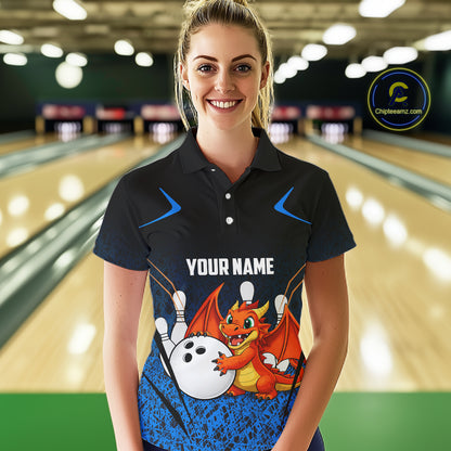Black and Blue Camo Funny Dragon Bowling Polo, 1/4 Zip Shirts For Women Custom Bowling Team Jerseys NQS11741
