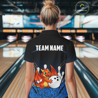 Black and Blue Camo Funny Dragon Bowling Polo, 1/4 Zip Shirts For Women Custom Bowling Team Jerseys NQS11741