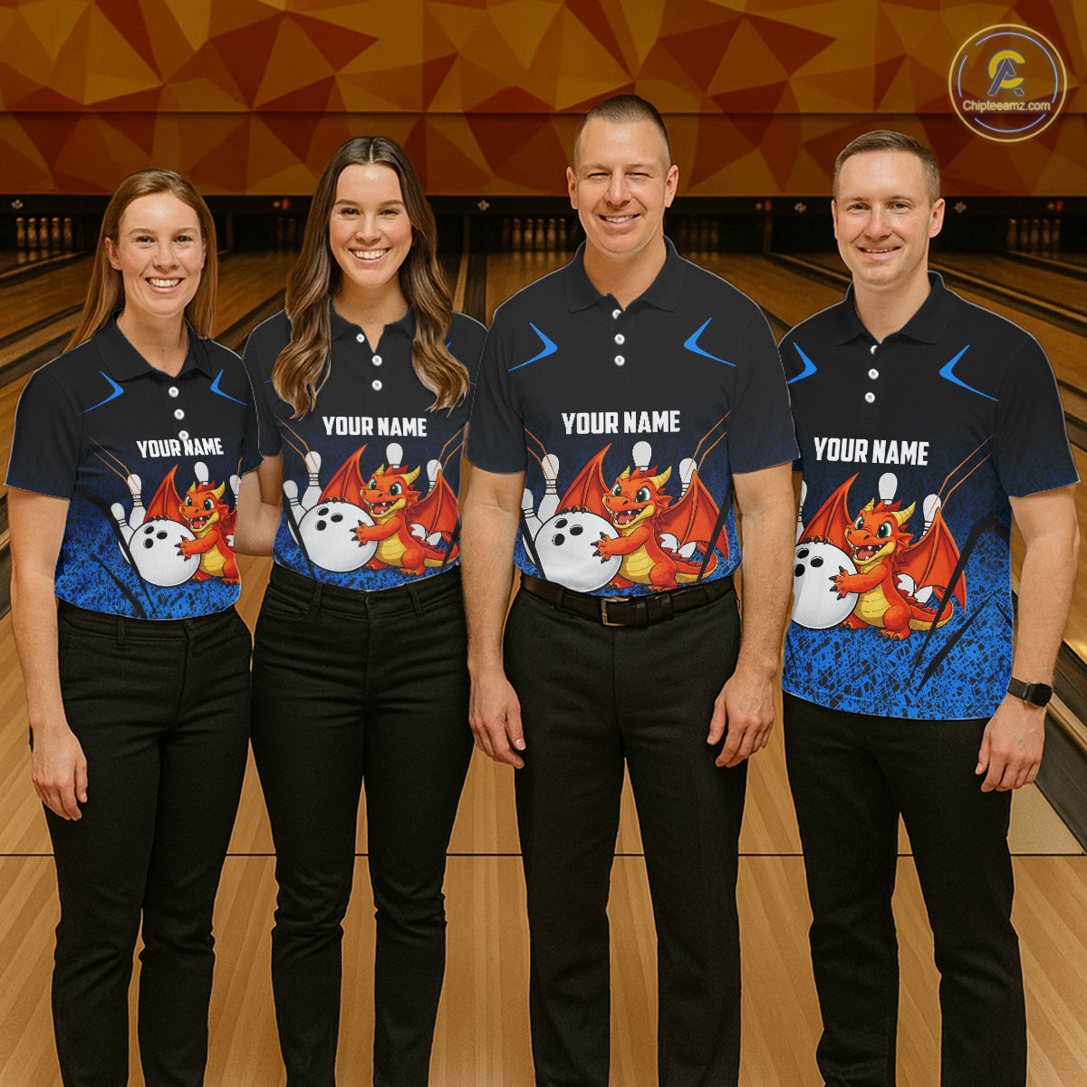 Black and Blue Camo Funny Dragon Bowling Polo, 1/4 Zip Shirts For Men Custom Bowling Team Jerseys NQS11741