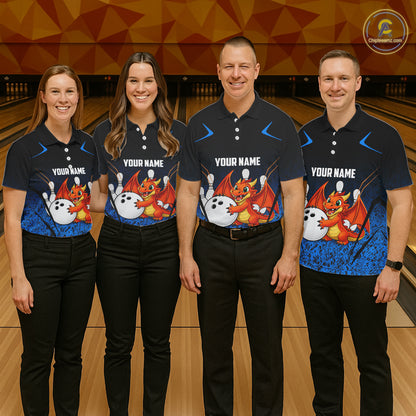 Black and Blue Camo Funny Dragon Bowling Polo, 1/4 Zip Shirts For Men Custom Bowling Team Jerseys NQS11741