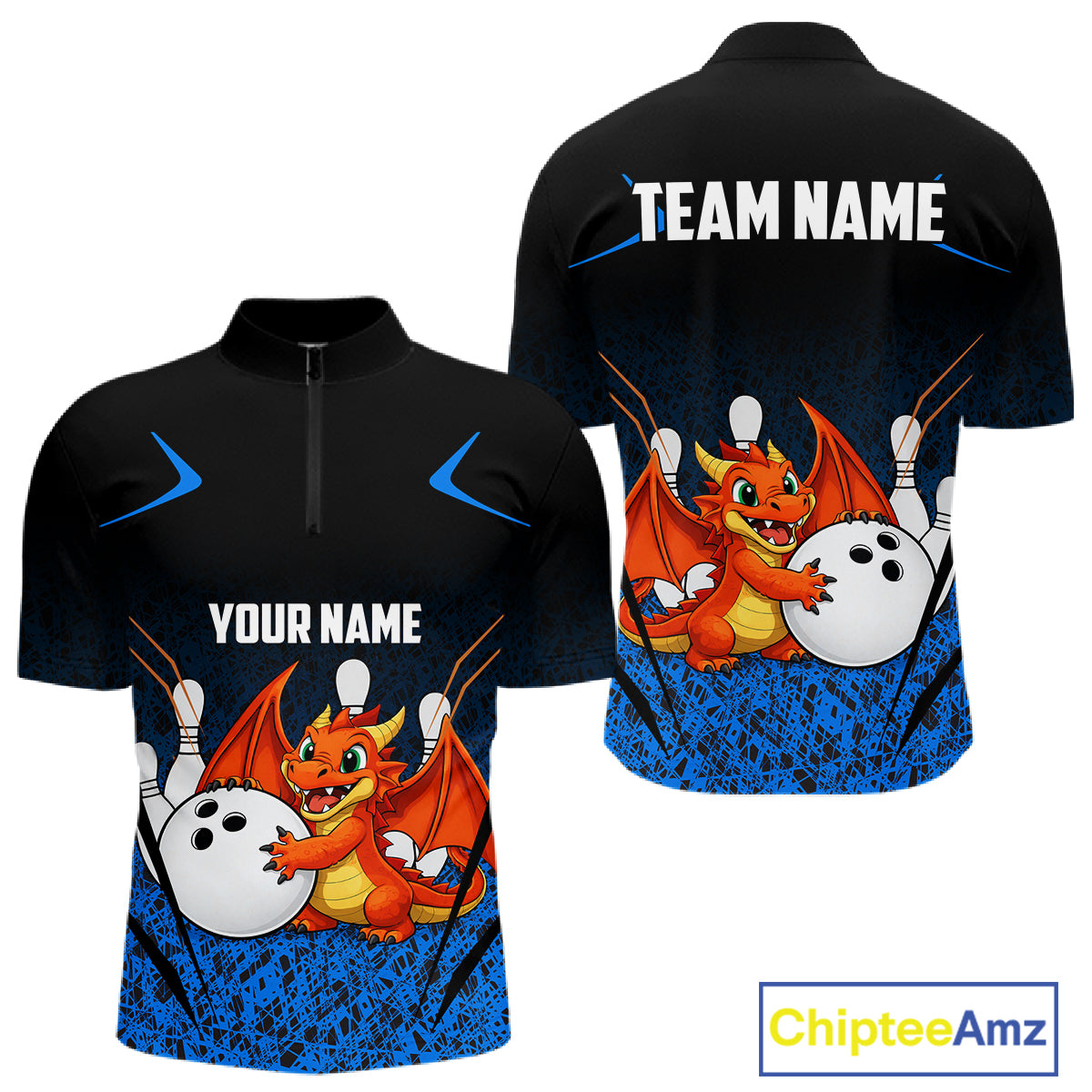 Black and Blue Camo Funny Dragon Bowling Polo, 1/4 Zip Shirts For Men Custom Bowling Team Jerseys NQS11741