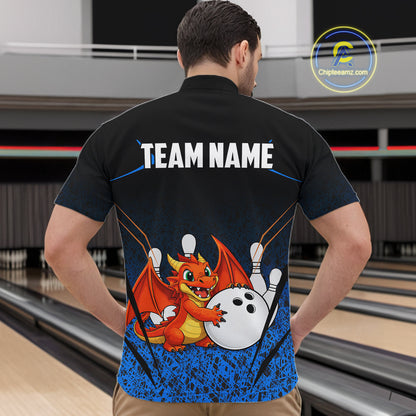 Black and Blue Camo Funny Dragon Bowling Polo, 1/4 Zip Shirts For Men Custom Bowling Team Jerseys NQS11741