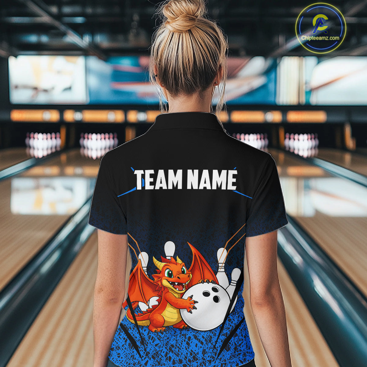 Black and Blue Camo Funny Dragon Bowling Polo, 1/4 Zip Shirts For Women Custom Bowling Team Jerseys NQS11741