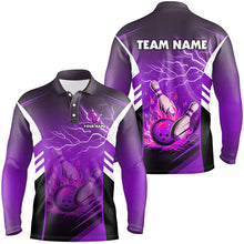 Load image into Gallery viewer, Flame bowling ball and pins lightning custom Men Bowling Polo Shirts, team bowling jerseys | Purple NQS7479