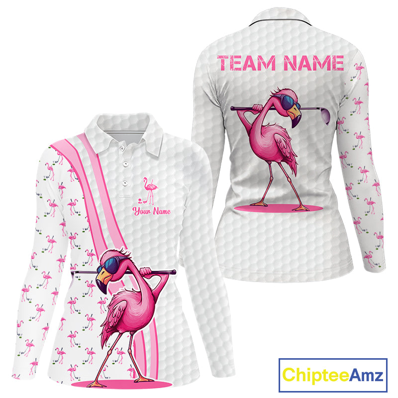 Funny Womens golf polo shirt custom pink and white flamingo pattern white golf shirts NQS8610