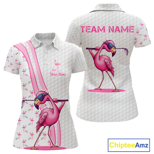 Funny Womens golf polo shirt custom pink and white flamingo pattern white golf shirts NQS8610
