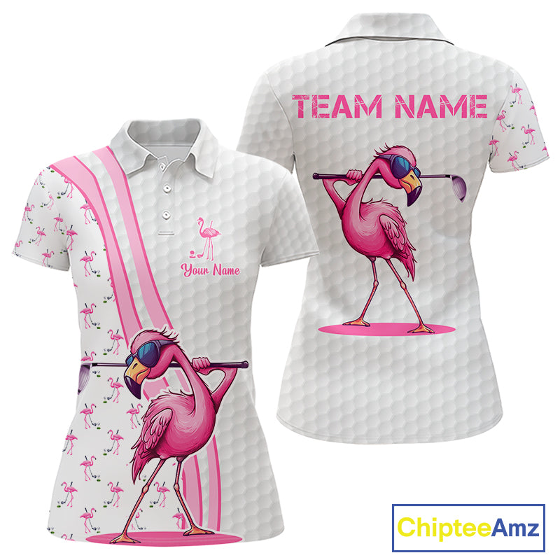 Funny Womens golf polo shirt custom pink and white flamingo pattern white golf shirts NQS8610