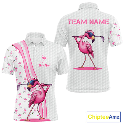 Funny Mens golf polo shirt custom pink and white flamingo pattern white golf shirts NQS8610
