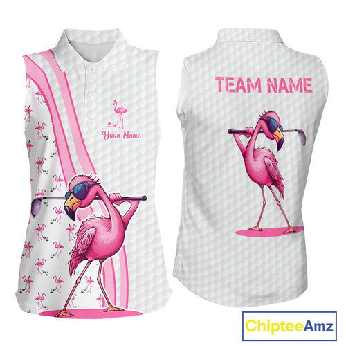 Funny Women sleeveless polo shirts custom pink and white flamingo pattern white golf shirts NQS8610