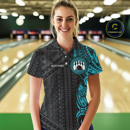 Black & Cyan Blue Tribal pattern Women Bowling Shirt Custom Bowling outfit ladies Team bowling jersey NQS10649