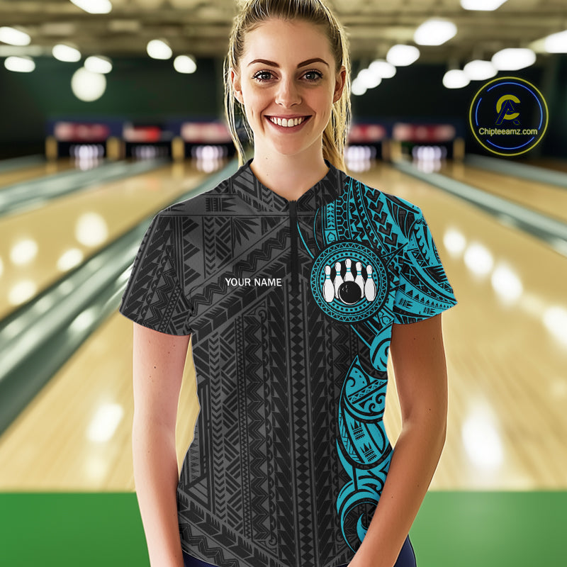 Black & Cyan Blue Tribal pattern Women Bowling Shirt Custom Bowling outfit ladies Team bowling jersey NQS10649