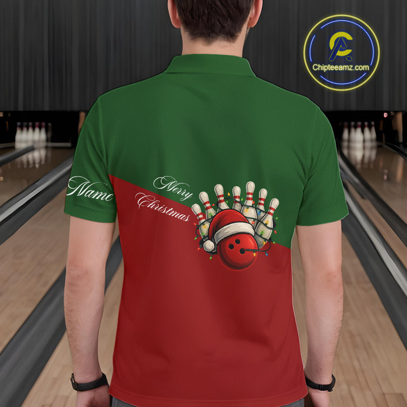 Red and Green Christmas Bowling Polo, Quarter Zip Shirts For Men custom mens bowling jerseys NQS11052