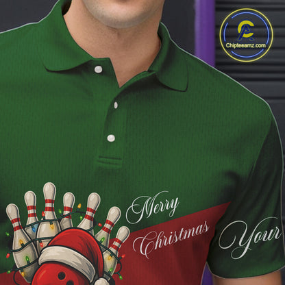 Red and Green Christmas Bowling Polo, Quarter Zip Shirts For Men custom mens bowling jerseys NQS11052