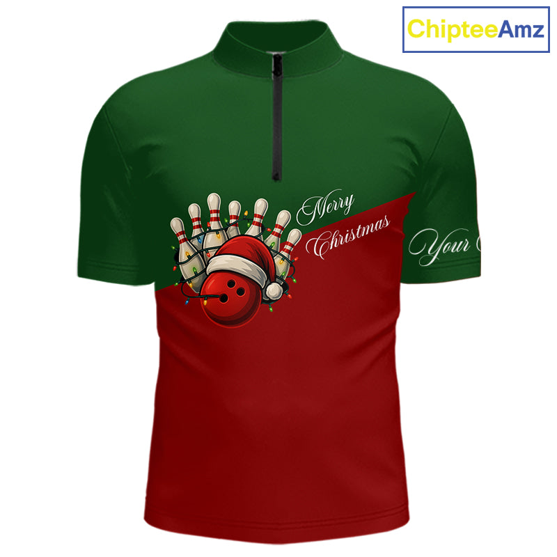 Red and Green Christmas Bowling Polo, Quarter Zip Shirts For Men custom mens bowling jerseys NQS11052