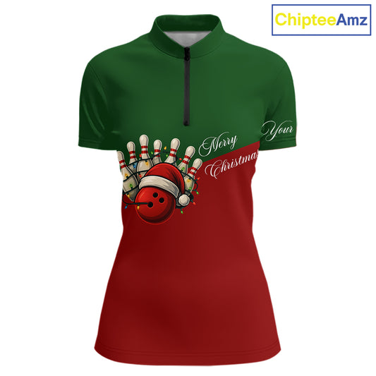 Red and Green Christmas Bowling Polo, Quarter Zip Shirts For Women custom Ladies bowling jerseys NQS11052