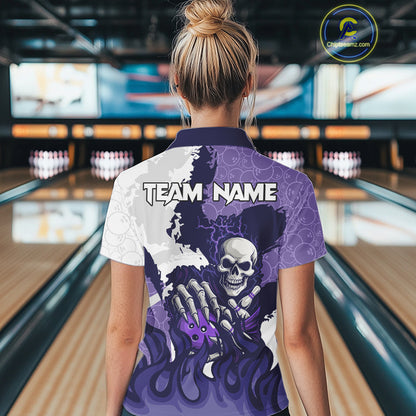 White and Purple Camo Flame Lightning Skull Bowling Shirts For Women Custom Bowling Team Jerseys NQS11055