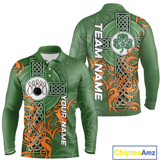 Green and orange Irish Tribal Cross St Patrick's Day Mens bowling shirts Custom Lucky Bowling Jerseys NQS11255