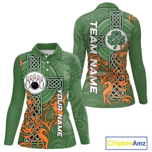Green and orange Irish Tribal Cross St Patrick's Day Women bowling shirts Custom Lucky Bowling Jersey NQS11255