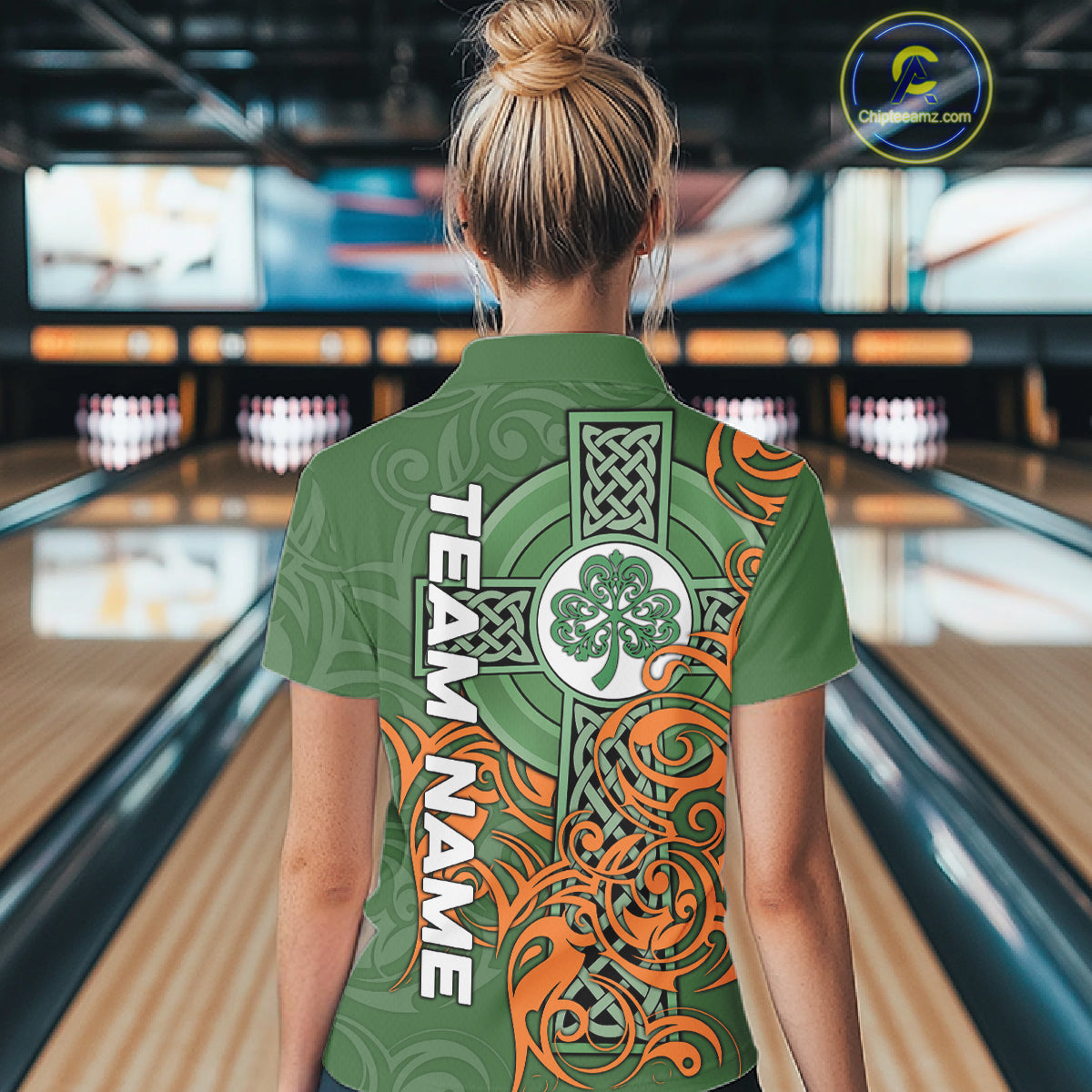 Green and orange Irish Tribal Cross St Patrick's Day Women bowling shirts Custom Lucky Bowling Jersey NQS11255