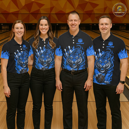 Black and Blue Flame Tiger Bowling Polo, 1/4 Zip Shirts for Men Custom Team Tiger Bowling Jersey NQS11256