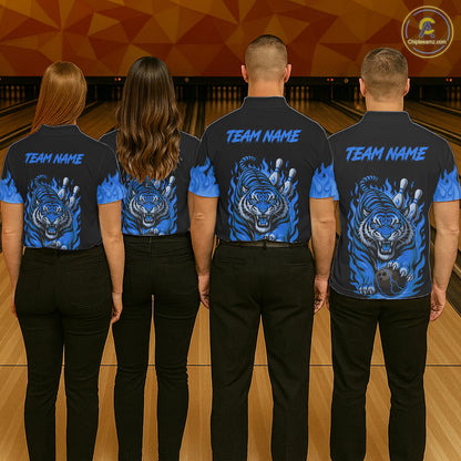 Black and Blue Flame Tiger Bowling Polo, 1/4 Zip Shirts for Men Custom Team Tiger Bowling Jersey NQS11256
