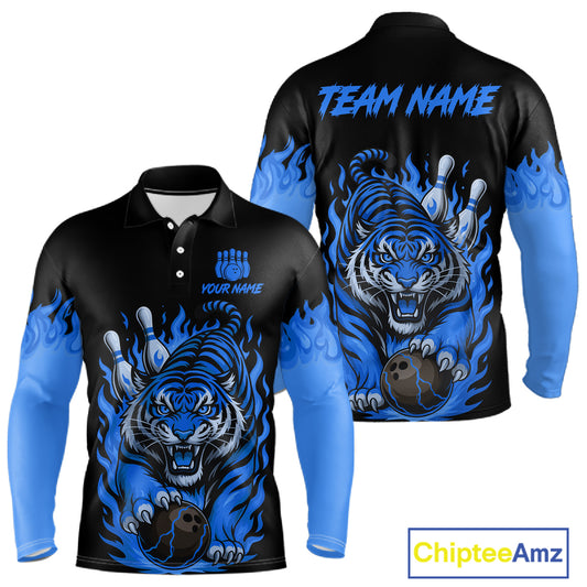 Black and Blue Flame Tiger Bowling Polo, 1/4 Zip Shirts for Men Custom Team Tiger Bowling Jersey NQS11256