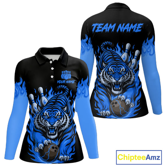 Black and Blue Flame Tiger Bowling Polo, 1/4 Zip Shirts for Women Custom Team Tiger Bowling Jersey NQS11256