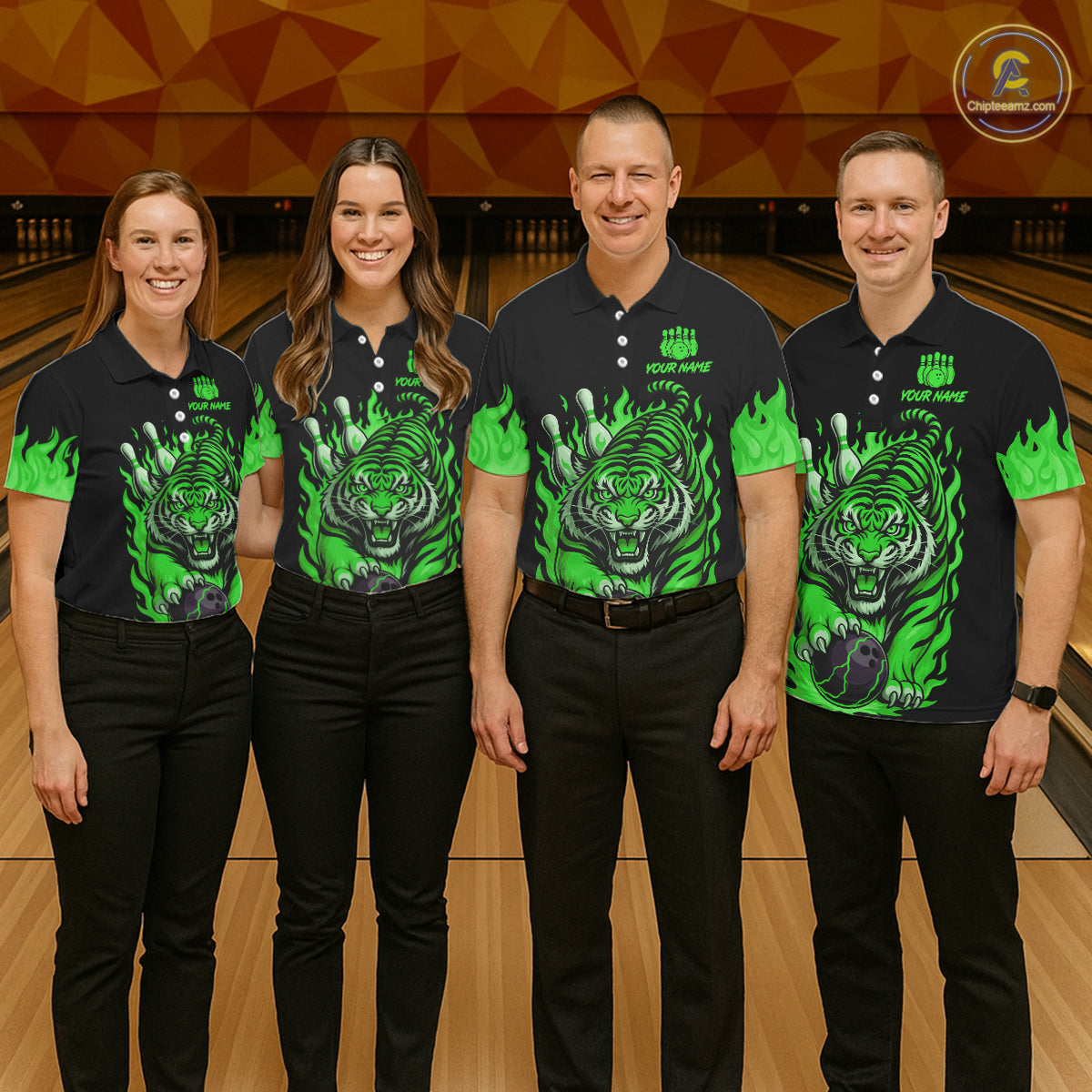 Black and Green Flame Tiger Bowling Polo, 1/4 Zip Shirts for Men Custom Team Tiger Bowling Jersey NQS11257