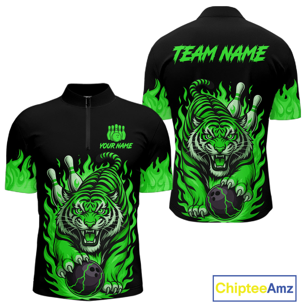 Black and Green Flame Tiger Bowling Polo, 1/4 Zip Shirts for Men Custom Team Tiger Bowling Jersey NQS11257