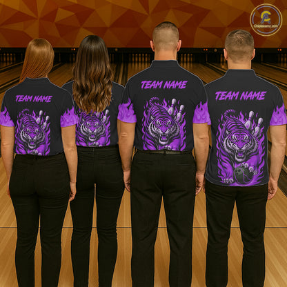 Black and Purple Flame Tiger Bowling Polo, 1/4 Zip Shirts for Men Custom Team Tiger Bowling Jersey NQS11258