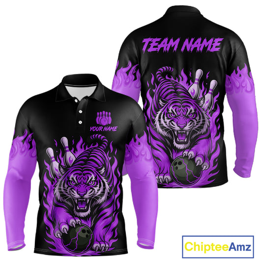 Black and Purple Flame Tiger Bowling Polo, 1/4 Zip Shirts for Men Custom Team Tiger Bowling Jersey NQS11258