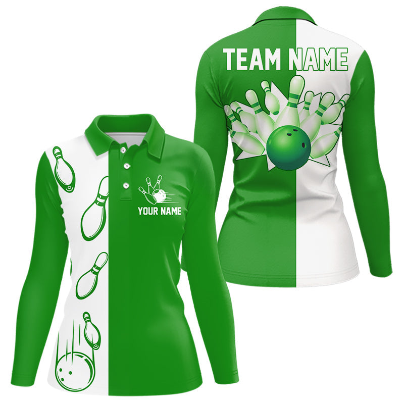 Green and white retro vintage Bowling polo, quarter zip shirts for Women custom Bowling team jerseys NQS9533