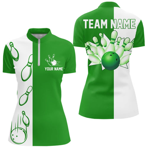 Green and white retro vintage Bowling polo, quarter zip shirts for Women custom Bowling team jerseys NQS9533
