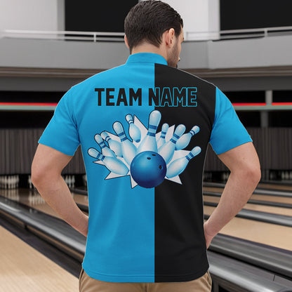 Cyan Blue and Black retro vintage Bowling polo, quarter zip shirts for men custom Bowling team jerseys NQS9534