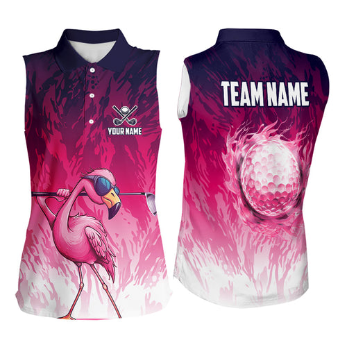 Funny Flamingo pink camo flame golf ball Women Golf  Sleeveless Polo Shirt Custom Ladies Golf tops NQS9697