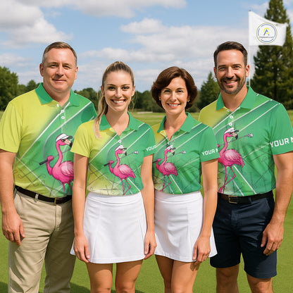 Funny Pink Flamingo Golf Polo Shirts for Men Custom Flamingo mens golf outfit | Green NQS11746