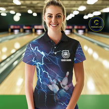 Load image into Gallery viewer, blue personalized bowling shirt for women – custom name design side view