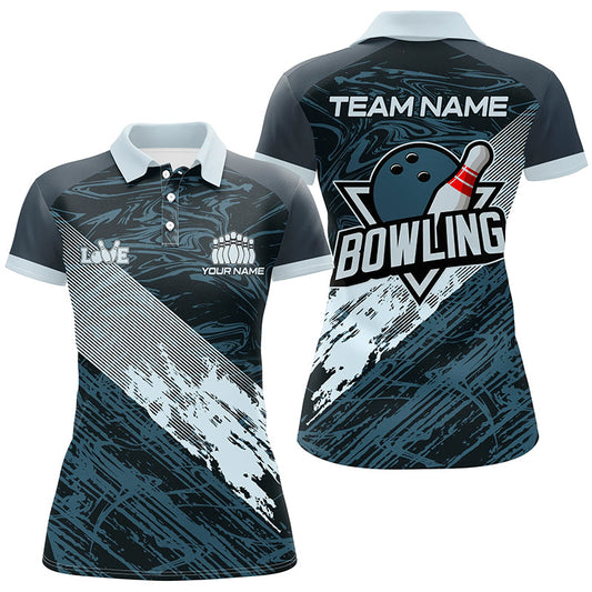 Blue camo bowling ball and pins custom Womens Bowling Polo Shirts, gift for team bowlers NQS7481