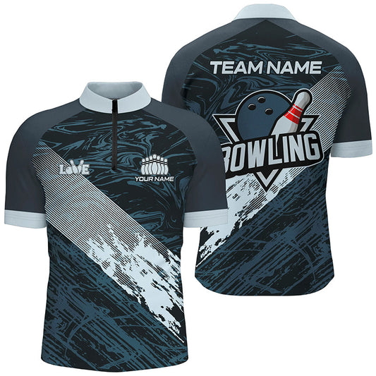 Blue camo bowling ball and pins custom Men Bowling Quarter Zip Shirts, gift for team bowlers NQS7481