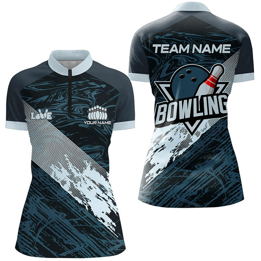 Blue camo bowling ball and pins custom Women Bowling Quarter Zip Shirts, gift for team bowlers NQS7481