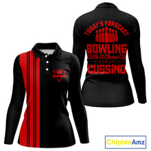 Load image into Gallery viewer, Black and Red retro Bowling shirts for Women custom Today's forecast bowling with a chance of cussing NQS10452