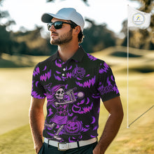 Load image into Gallery viewer, Purple and Black Halloween Pattern Funny Skull Golf polo shirt for men Custom Halloween Mens golf top NQS10663